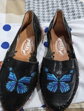 Women’s Black Leather Butterfly Slip-On Shoes - Blue Accent